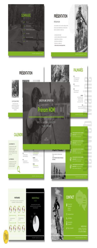 Structure d'un dossier de sponsoring sportif horizontal de 9 pages : exemple avec le modèle “Panorama” vert au format présentation ©yellowebmarine